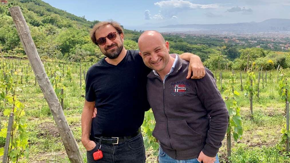 Alessandro and winemakers of InSumma wine on the slopes of Vesuvius